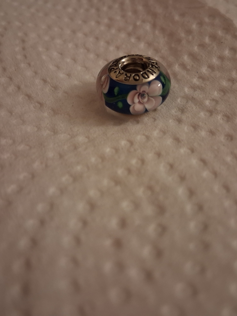 1 Pandora Navy Blue Glass Flower Charm with PinkBlossoms HELP BLACKIE🐕 RECOVERY